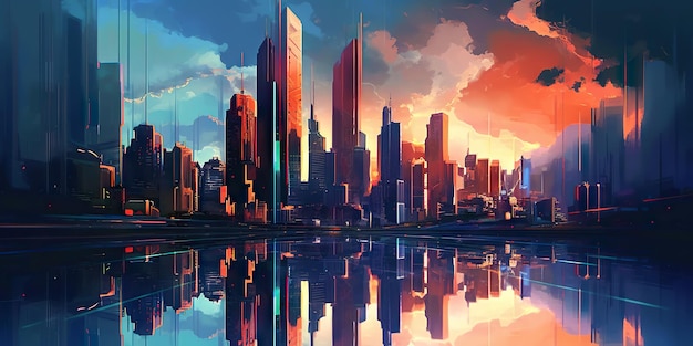Panoramiczny krajobraz miasta w stylu cyberpunka Wysokie drapacze chmur w neonowej kolorystyce generatywna sztuczna inteligencja