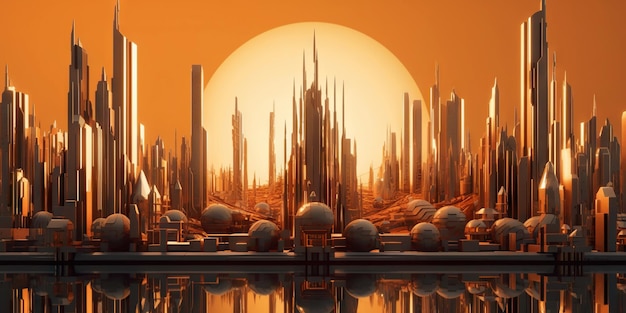 Panoramiczny krajobraz miasta w stylu futurystycznym Wysokie drapacze chmur w neonowej kolorystyce generatywna sztuczna inteligencja