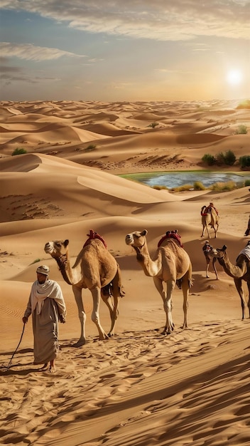 Panoramiczny krajobraz pustyni przedstawiający rozległe pasma złotych wydm, tak daleko, jak tylko oko może zobaczyć.