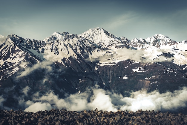 Panoramiczny letni krajobraz z górskim ośnieżonym szczytem swanetia region park narodowy gruzja główna