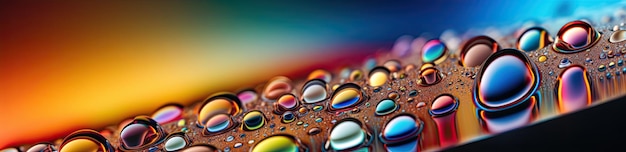 Panoramiczny obraz przezroczystych kolorowych kropli oleju zbliżenie Abstrakcyjna tła Generative AI