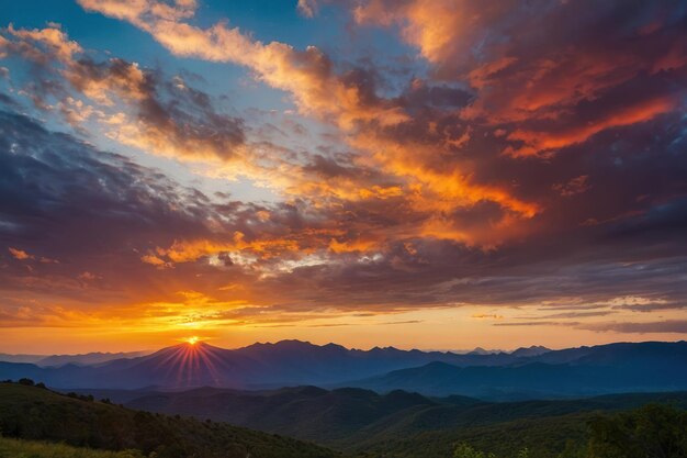 panoramiczny ujęcie tętniącego życiem wschodu słońca nad spokojnym pasmem górskim