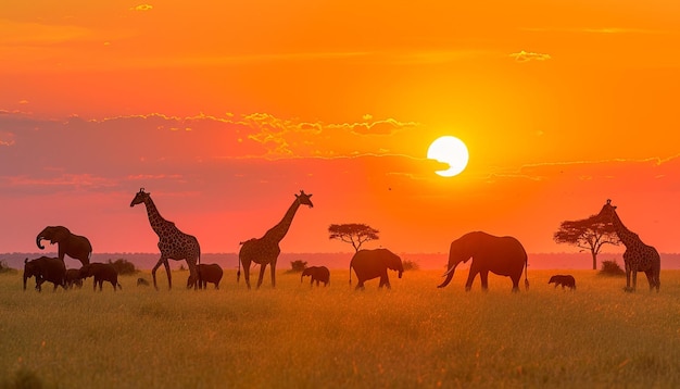 panoramiczny widok afrykańskiej sawany podczas zachodu słońca