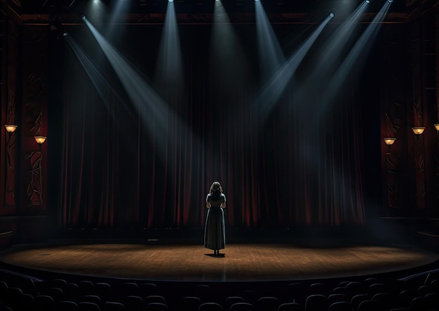Zdjęcie panoramiczny widok aktorki wykonującej mocny monolog w pustym teatrze. oświetlenie jest
