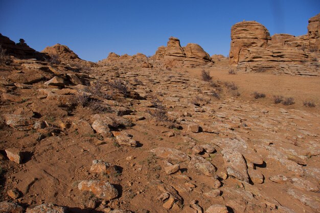 Panoramiczny widok Baga Gazriin Chuluu Mongolia Formacje skalne i ułożone kamienie na granitowych wzgórzach