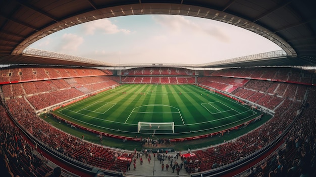 Panoramiczny widok boiska piłkarskiego podczas meczu z piłkarzami na boisku i kibicami na trybunach