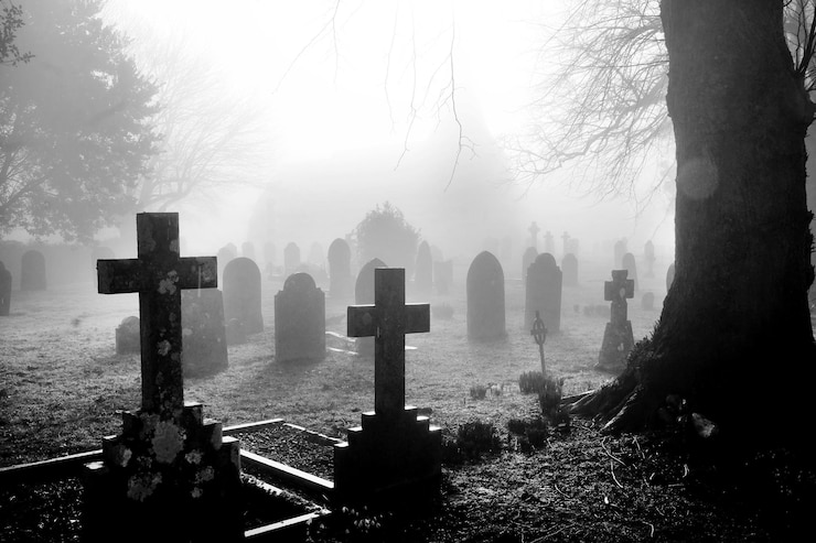Zdjęcie panoramiczny widok cmentarza w mgliastej pogodzie