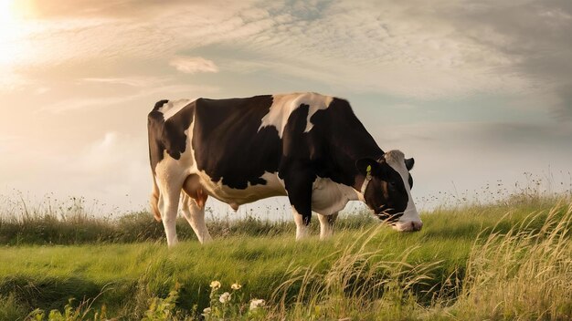 Panoramiczny widok czarno-białej krowy na zielonej trawie