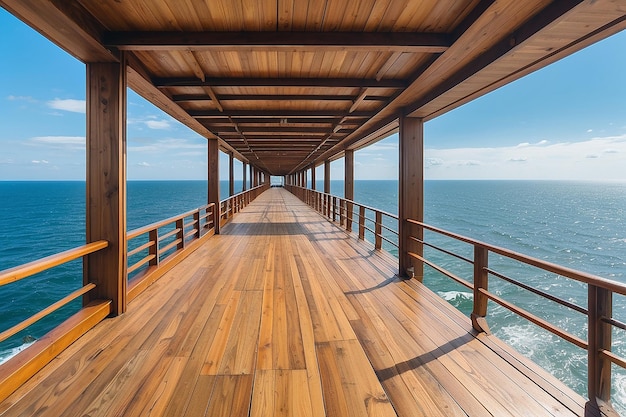 Panoramiczny widok drewnianego tarasu obserwacyjnego nad morzem