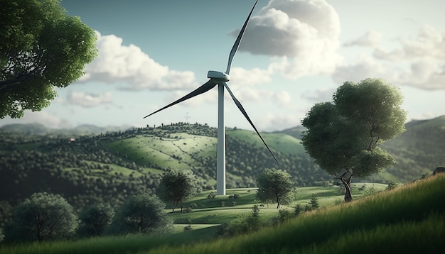 Panoramiczny widok farmy wiatrowej lub parku wiatrowego z wysokimi turbinami wiatrowymi do wytwarzania energii elektrycznej