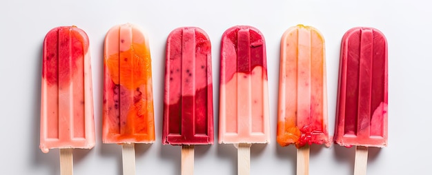 Panoramiczny widok izolowanych pomarańczowych i truskawkowych popsicles na białym tle Generative AI