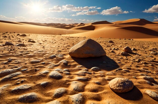 Panoramiczny widok krajobrazu pustynia Sahara piaszczyste skały i kamienie słoneczny dzień Zdjęcie krajobrazu puszcza h
