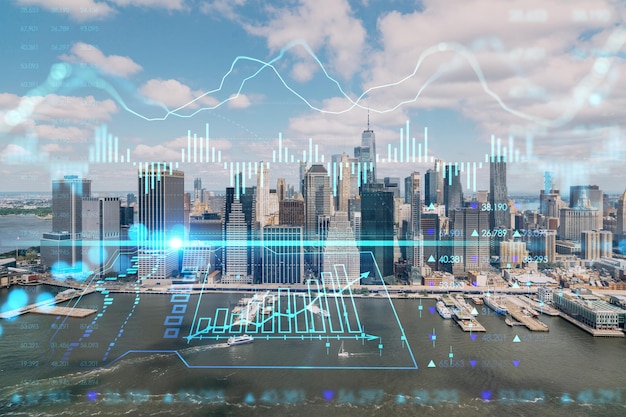 Panoramiczny widok miasta z helikoptera z lotu ptaka na dzielnicę Dolnego Manhattanu i finansowe centrum Nowego Jorku USA Hologram wykresu Forex Koncepcja pośrednictwa w handlu internetowym i analiza fundamentalna