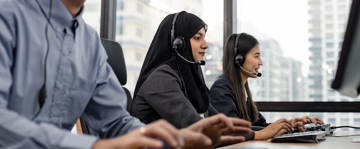 Zdjęcie panoramiczny widok muzułmańskiej kobiety i grupy zróżnicowanego zespołu obsługi klienta telemarketingu w call center. pracownik call center w towarzystwie zespołu. uśmiech operatora obsługi klienta w pracy.