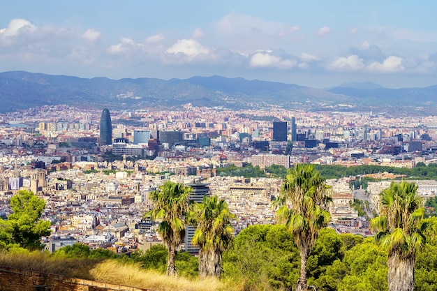 Panoramiczny Widok Na Barcelonę Z Jej Budynkami Stłoczonymi Obok Wzgórz Otaczających Miasto Hiszpania