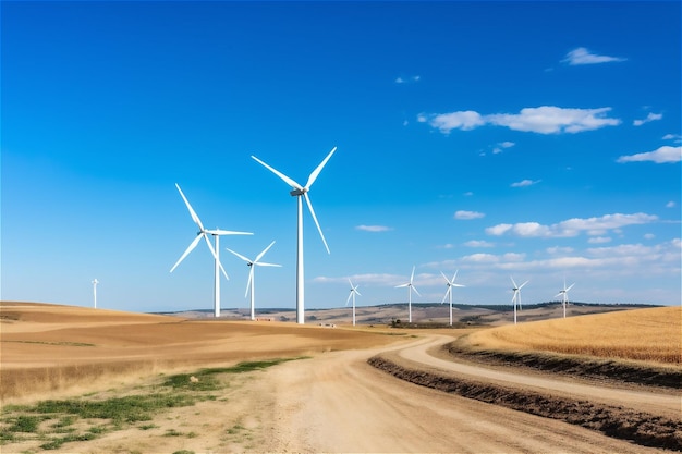 Panoramiczny widok na farmę wiatrową lub park wiatrowy z wysokimi turbinami wiatrowymi do wytwarzania energii elektrycznej