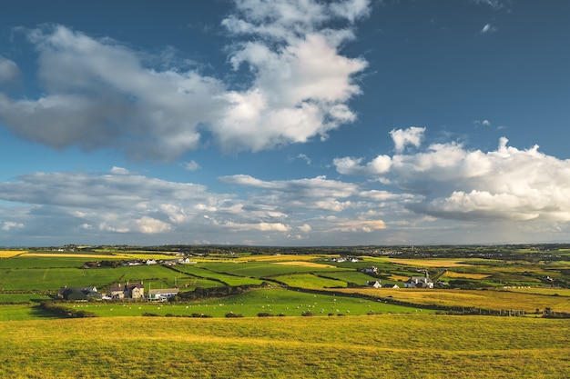 Panoramiczny widok na irlandzką wieś. Zielone pola na niebieskim tle pochmurnego nieba. Gospodarstwo letniskowe wśród spokojnego środowiska naturalnego. Trawa pokryte łąki na zachód słońca. Niesamowity widok na horyzont.