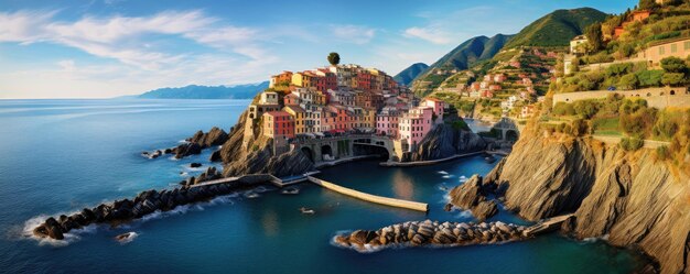 Panoramiczny widok na kolorowe wybrzeże miasta w Cinque Terre Liguria Włochy Słoneczny dzień Generative ai