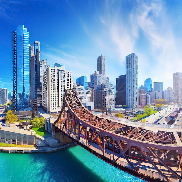 Panoramiczny widok na most w centrum chicago i budujące usa