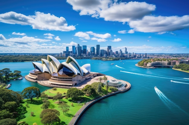 Panoramiczny widok na Operę w Sydney i panoramę miasta Sydney Australia Krajobraz Widok z lotu ptaka na Operę w Sydney w pobliżu centrum biznesowego Sydney wokół portu Wygenerowano sztuczną inteligencję