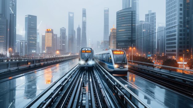Panoramiczny widok na panoramę miasta z eleganckim pociągiem metra przejeżdżającym na pierwszym planie, pokazujący płynną integrację transportu publicznego z krajobrazem miejskim
