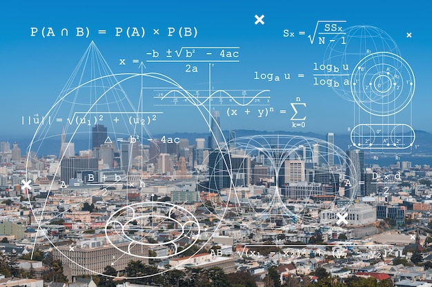 Panoramiczny widok na panoramę San Francisco w ciągu dnia od strony wzgórza dzielnic mieszkaniowych dzielnicy finansowej Technologie koncepcja edukacji Badania akademickie najwyższej rangi hologram uniwersytecki