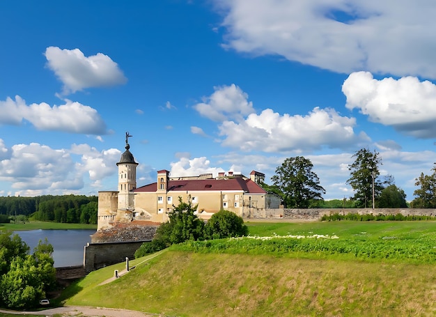 Panoramiczny widok na piękny naturalny krajobraz Stary zamek, błękitne niebo i białe puszyste chmury