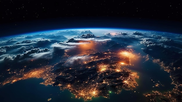 Panoramiczny widok na planecie Ziemia Globus z kosmosu Świecące światła miasta lekkie chmury Generacyjna sztuczna inteligencja