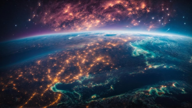 Zdjęcie panoramiczny widok na planetę ziemi, kulę z kosmosu, świecące światła miasta, lekkie chmury, generatywna sztuczna inteligencja.