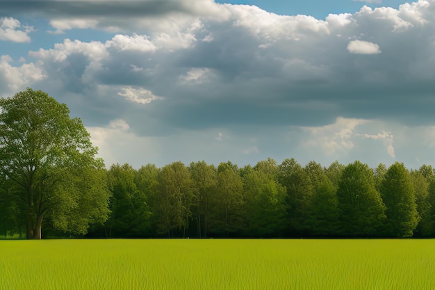 Panoramiczny widok na pole trawy i drzew w świetle słonecznym i pochmurnym niebie