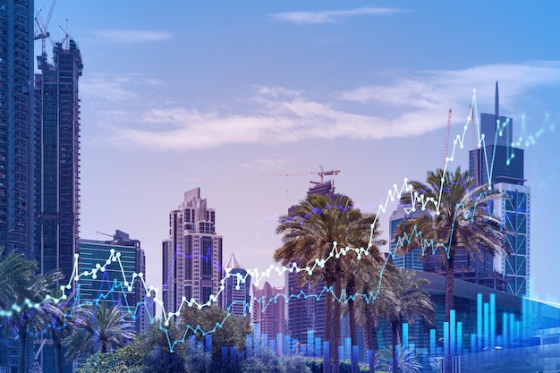 Panoramiczny Widok Na Stalowe I Szklane Drapacze Chmur Dubai Marina Nowoczesny Pejzaż Miejski Stolicy Zjednoczonych Emiratów Arabskich Centrum Usług Finansowych Wykres I Koncepcja Wykresu Forex Podwójna Ekspozycja