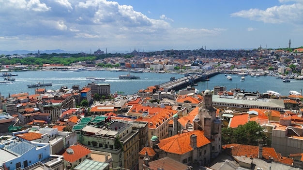 Panoramiczny widok na Stambuł z wieży Galata. Mosty, meczety i Bosfor. Stambuł, Turcja.