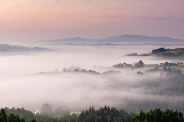 Panoramiczny widok na toczące się wzgórza w porannej mgle o wschodzie słońca Małopolska