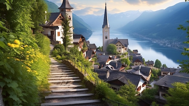 Panoramiczny widok na wioskę Hallstatt w austriackich Alpach