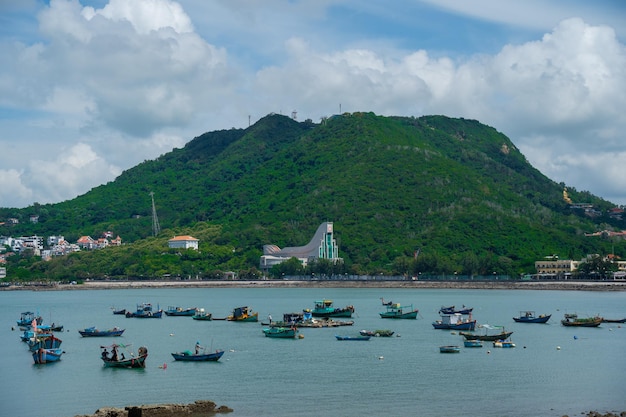 Panoramiczny widok na wybrzeże Vung Tau z góry z falami wybrzeża ulice palmy kokosowe