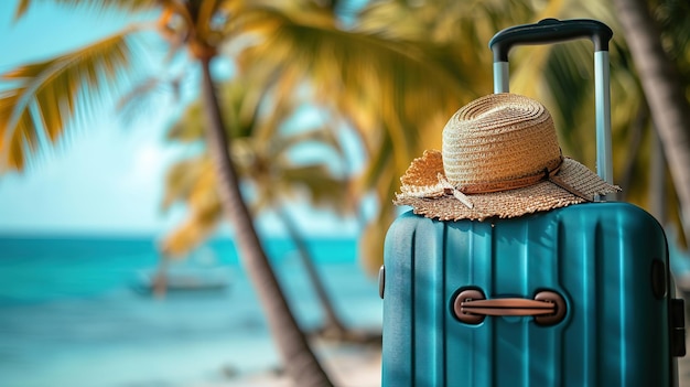 Panoramiczny widok na wybrzeże z walizkami z słomkowym kapeluszem na piaszczystej plaży