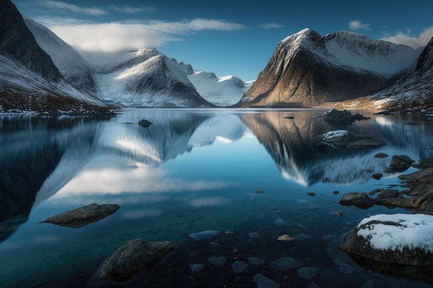 Panoramiczny widok na zamarznięty fiord z ośnieżonymi górami w tle i odbijającą się nieruchomą wodą