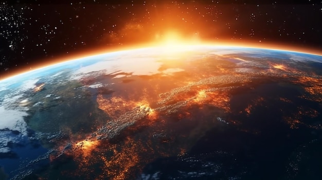 Panoramiczny widok na Ziemię, słońce, gwiazdę i galaktykę Wschód słońca nad planetą Ziemia Generacyjna sztuczna inteligencja