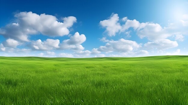 Panoramiczny widok pięknego zielonego pola i chmurowego nieba