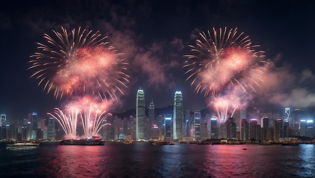 Panoramiczny widok pokazu fajerwerków w Hongkongu w porcie Victoria