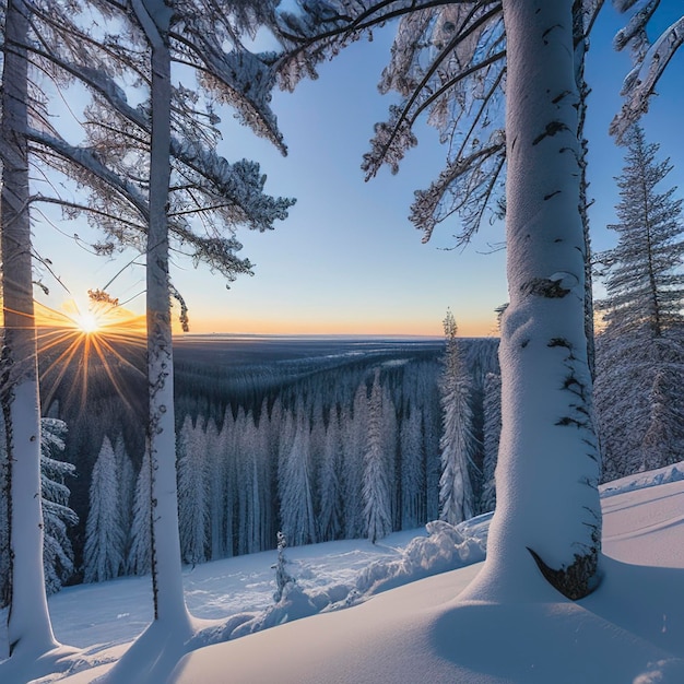 Panoramiczny widok pokryty mroźnymi drzewami w śnieżycach Magiczny zimowy las Naturalny krajobraz z pięknym niebem