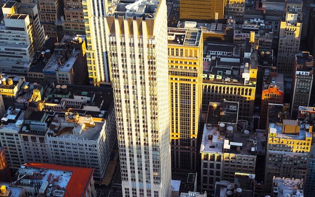 Panoramiczny widok z lotu ptaka na drapacze chmur na dolnym Manhattanie w Nowym Jorku, USA. Sylwetka na tle nieba. Amerykańska architektura budynku na zewnątrz. Panorama centrum Metropolis w Nowym Jorku. Gród metropolitalny.