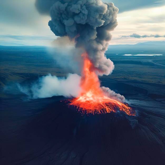 Panoramiczny widok z lotu ptaka na erupcję wulkanu LitliHrutur Hill Fagradalsfjall System wulkaniczny na Islandii Półwysep Reykjanes