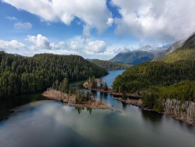 Panoramiczny widok z lotu ptaka na kanadyjski górski krajobraz i jezioro