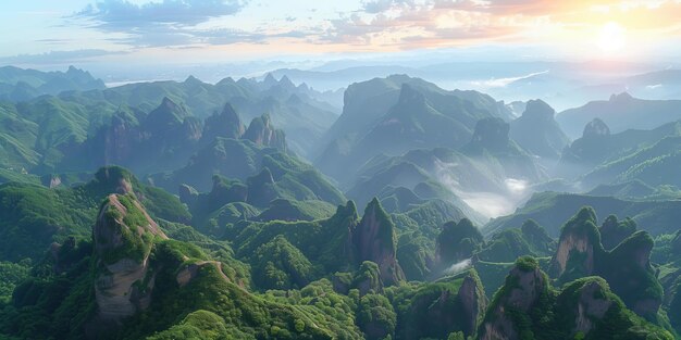 panoramiczny widok z powietrza skalistego obszaru górskiego i morza mgły