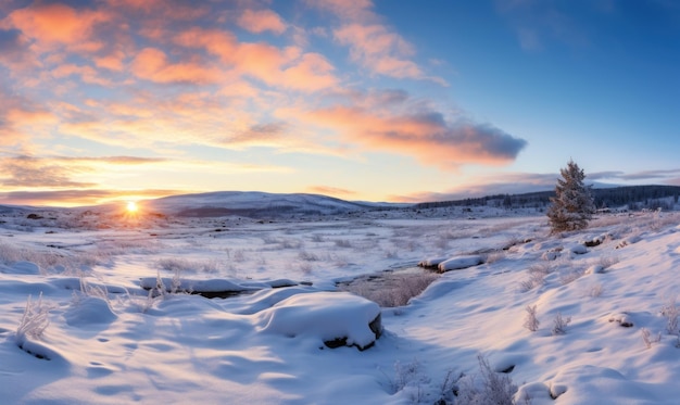 Zdjęcie panoramiczny zimowy krajobraz kąpany w ciepłym blasku zachodzącego słońca z śniegiem pokrywającym ziemię