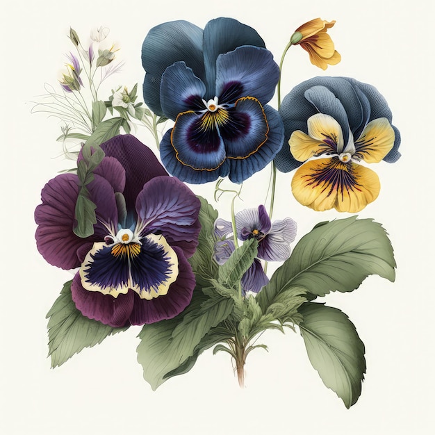 Pansy Flowers Botanical Illustration Izolowany kwiat altówki na białym tle Abstrakcyjna generatywna ilustracja AI