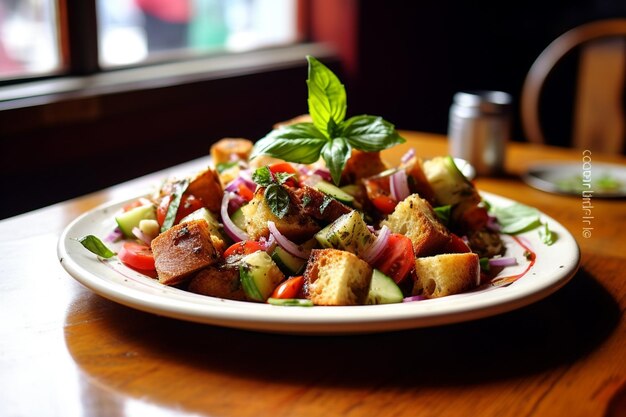 Panzanella toskańska sałatka z chlebem, pomidorami, ogórkami, cebulą i bazylią tradycyjna