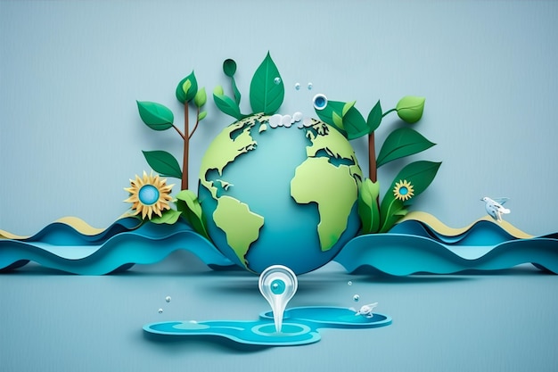 Paper art Oszczędzanie wody i światowy dzień ochrony środowiska Ekologia i światowy dzień wody ochrona środowiska i oszczędzanie wody ziemi Generuj Ai