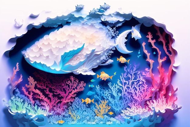 Paper Undersea Wonderland Skomplikowany papier Życie morskie Papercut ilustracja Generatywna sztuczna inteligencja